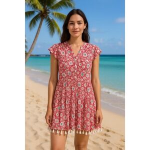 Poupette St. Barth Heni Floral Tassel-Trimmed Dress Size Large